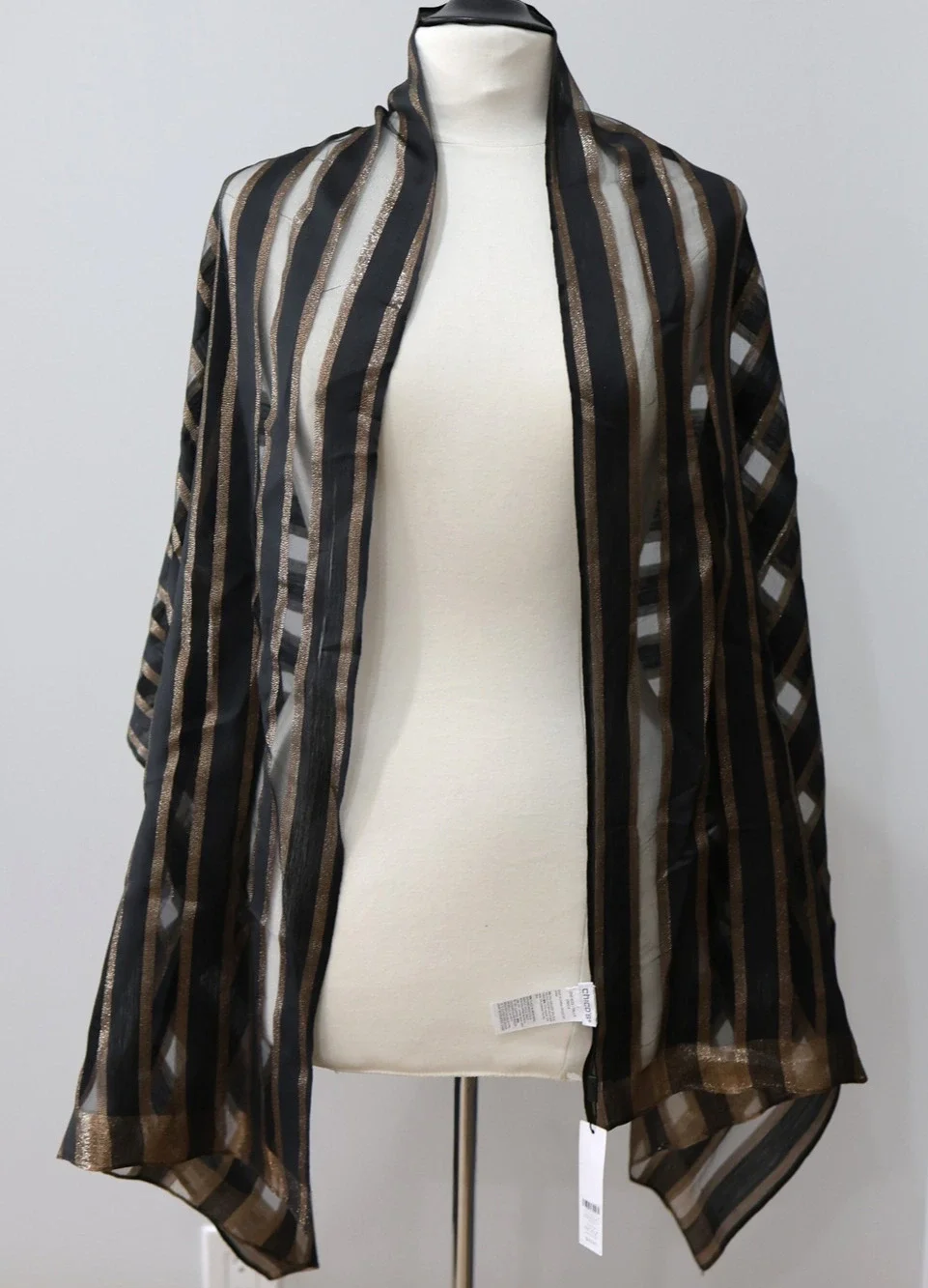 A5 NWT Auth CHICO'S Metallic Silk Blend Sparkling Black Gold Lurex Scarf $49.50